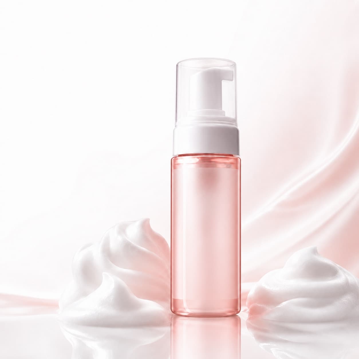 Unbranded pink skincare bottle surrounded by soft cream textures