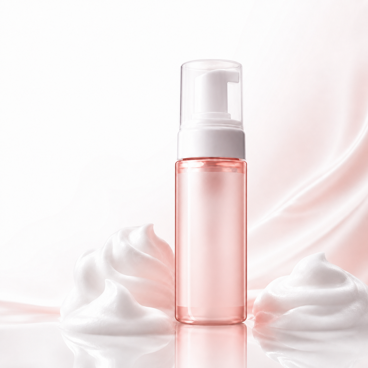 Unbranded pink skincare bottle surrounded by soft cream textures